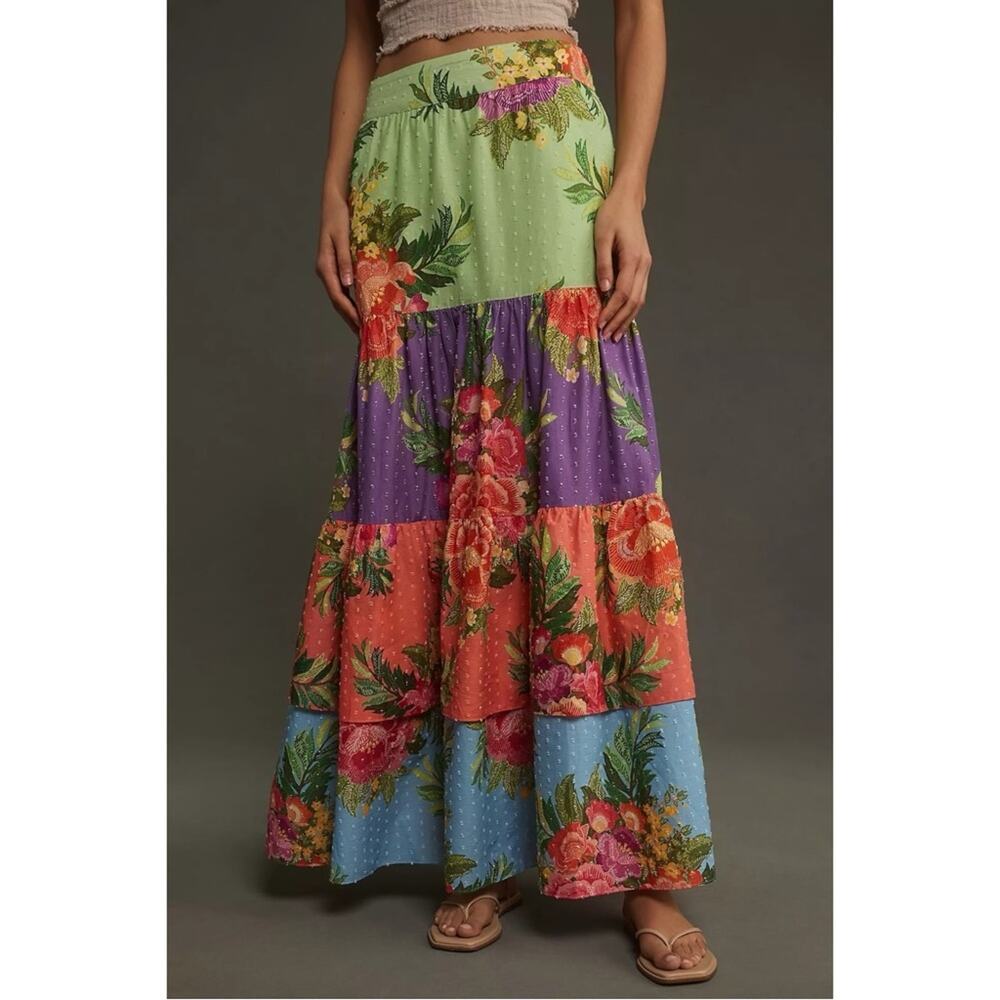 Farm Rio Tropical Floral Patchwork Tiered Floral Maxi Skirt Size Large Bohemian - Picture 6 of 13